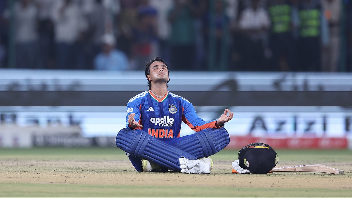 Abhishek Sharma celebrating his century with a meditating post against Afghanistan in 3rd T20I - X/BCCI