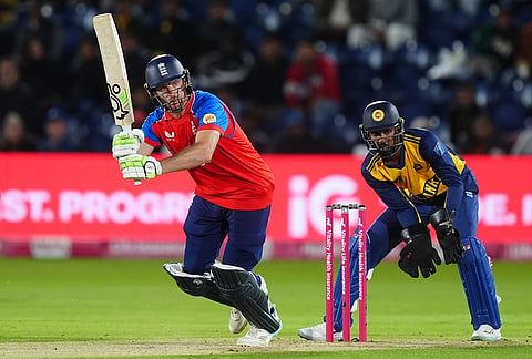 England's Jos Buttler bats during the second IT20 match between England and Sri Lanka in Cardiff, Wales, Thursday Sept. 17, 2026. 