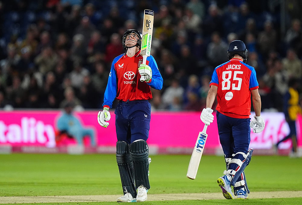 England's Tom Banton celebrates reaching 50 runs during the second IT20 match between England and Sri Lanka in Cardiff, Wales, Thursday Sept. 17, 2026.  - | Photo: David Davies/PA via AP