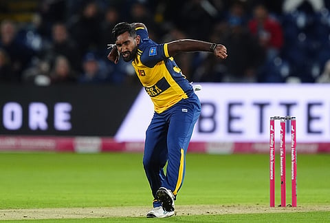 Sri Lanka's Eshan Malinga celebrates taking the wicket of England's Aneurin Donald during the second IT20 match between England and Sri Lanka in Cardiff, Wales, Thursday Sept. 17, 2026. 