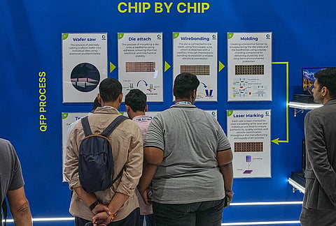 Delegates read about the semiconductor die wire-bonding process on a display board during an exhibition at Semicon India 2026 in New Delhi, India, Friday, Sept. 18, 2026. 