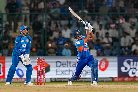 India's Sanju Samson plays a shot during the third and final T20I cricket match between India and Afghanistan, in New Delhi.