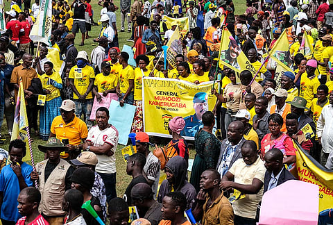Members of the Patriotic League of Uganda demonstrate outside the Turkish Embassy demanding the extradition of a dissident, Fred Lumbuye, whose online activities are seen by local authorities as anti-government propaganda in Kampala, Uganda, Friday, Sept. 18, 2026. 