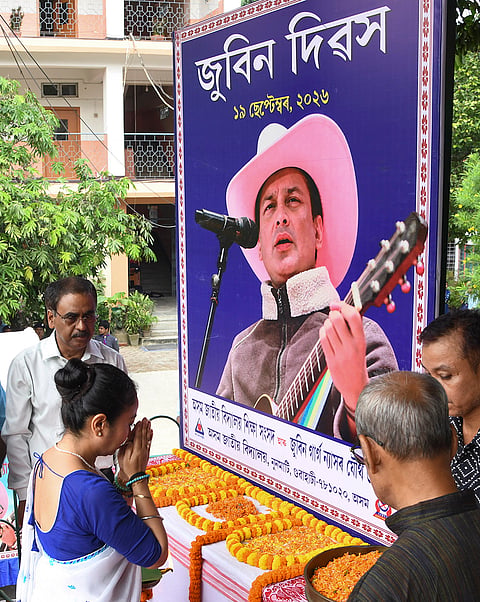 Garima Saikia Garg, wife of late singer Zubeen Garg, pays tribute to the singer during a three-day event, called 'Zubeen Divas', to commemorate his first death anniversary, at Assam Jatiya Bidyalay, in Guwahati.