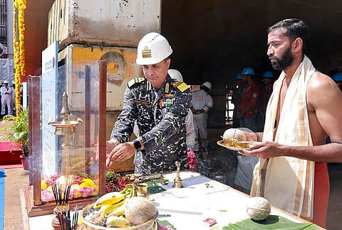 Controller of Warship Production and Acquisition Vice Admiral Sanjay Sandhu, AVSM, NM, during the Keel laying ceremony of the first ship of the Indian Navy’s Next Generation Missile Vessel (NGMV) project held at Cochin Shipyard Limited (CSL) on Sept. 18, in Kochi. 