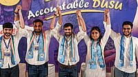 DUSU Election Results: NSUI Leads President’s Race, Independent Deepanshu Shokeen Ahead For VP Photo: PTI : NSUI National President Vinod Jakhar, centre, holds hands with party candidates for the Delhi University Students' Union (DUSU) elections 2026-27 (L-R) Gopal Chaudhary (Joint Secretary), Vir Chatrath (Vice President), Namrata Chaudhary (Secretary), and Vijay Shankar Meena (President) during a press conference, in New Delhi.