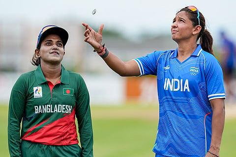 India’s captain Harmanpreet Kaur, right, and Bangladesh’s Nigar Sultana during toss before the second semifinal cricket match between India’s women and Bangladesh’s women in the ongoing Asian Games 2026, in Nisshin, Japan.