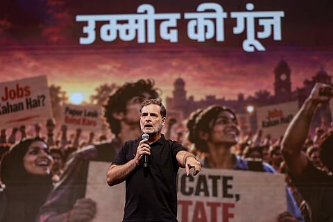 In this image received on Sept. 19, 2026, Leader of Opposition in the Lok Sabha Rahul Gandhi addresses the 'Chhatron ki Goonj' event, in Indore, Madhya Pradesh.