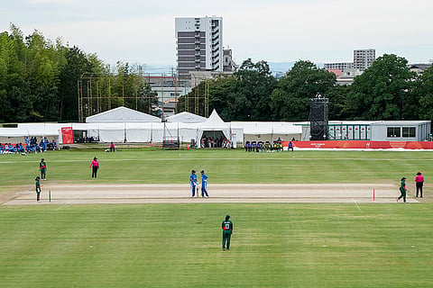 India’s Shefali Verma and Smriti Mandhana interact between the wickets during the second semifinal T20I cricket match between India’s women and Bangladesh’s women in the ongoing Asian Games 2026, at Aichi Prefectural Korogi Sports Park in Nisshin, Japan.