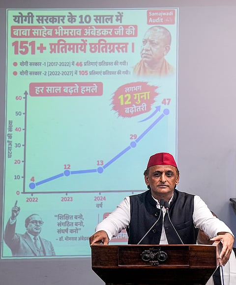 Samajwadi Party National President Akhilesh Yadav addresses a press conference, at the party office, in Lucknow, Uttar Pradesh.