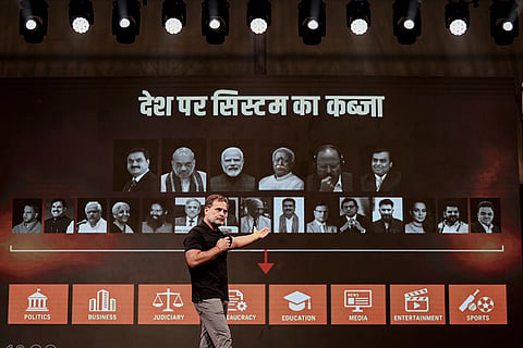 In this image received on Sept. 19, 2026, Leader of Opposition in the Lok Sabha Rahul Gandhi addresses the 'Chhatron ki Goonj' event, in Indore, Madhya Pradesh.