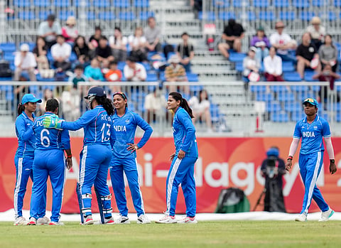 India's Deepti Sharma, second left, with teammates celebrate after the wicket of Bangladesh’s Sanjida Akter Meghla during the second semifinal T20I cricket match between India’s women and Bangladesh’s women in the ongoing Asian Games 2026, at Aichi Prefectural Korogi Sports Park in Nisshin, Japan.