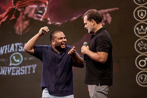 In this image received on Sept. 19, 2026, Leader of Opposition in the Lok Sabha Rahul Gandhi with comedian Pulkit Mani during the 'Chhatron ki Goonj' event, in Indore, Madhya Pradesh. 