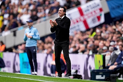 Aston Villa's manager Unai Emery gestures during the English Premier League soccer match between Tottenham Hotspur and Aston Villa, at Tottenham Hotspur Stadium in London.