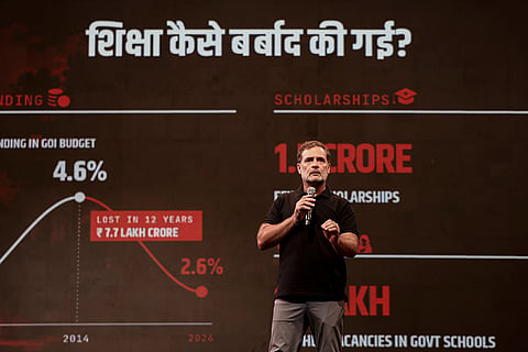 In this image received on Sept. 19, 2026, Leader of Opposition in the Lok Sabha Rahul Gandhi addresses the 'Chhatron ki Goonj' event, in Indore, Madhya Pradesh.