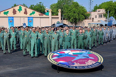 Chief of the Air Staff (CAS) Air Chief Marshal AP Singh, Japan Air Self-Defense Force (JASDF) Chief of Staff General Takehiro Morita and others during Exercise Veer Guardian-2026, second bilateral air combat exercise between the Indian Air Force (IAF) and the Japan Air Self-Defence Force (JASDF), in Jodhpur, Rajasthan.