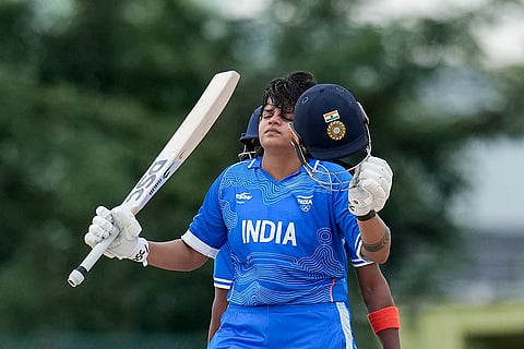India’s Shafali Verma celebrates her century during the second semifinal T20I cricket match between India’s women and Bangladesh’s women in the ongoing Asian Games 2026, at Aichi Prefectural Korogi Sports Park in Nisshin, Japan.