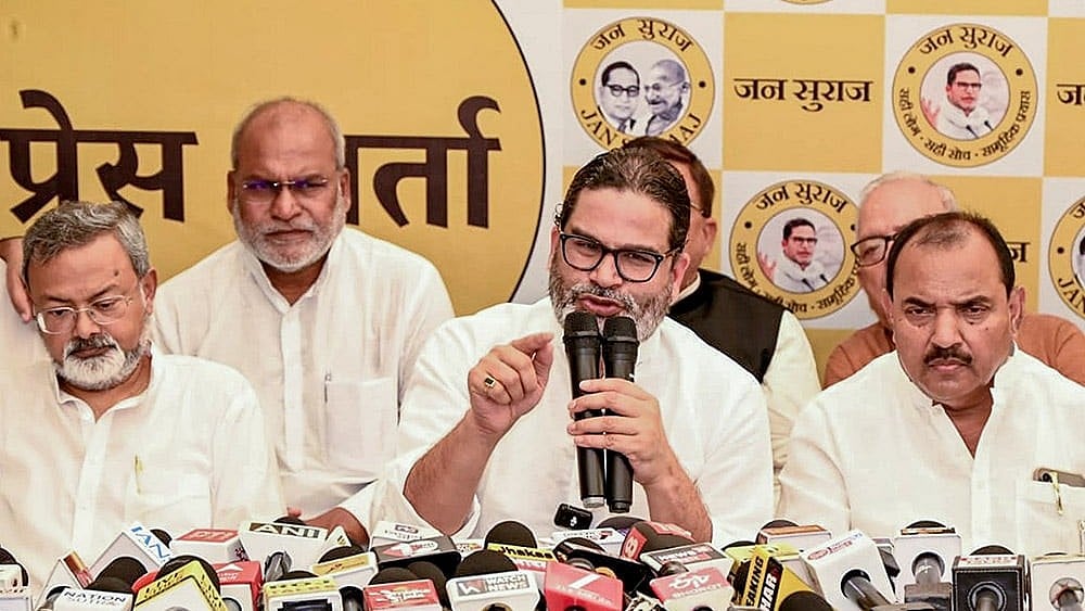 Jan Suraaj Party founder Prashant Kishor addresses a press conference regarding the upcoming Bihar Legislative Council elections, in Patna. - | Photo: PTI