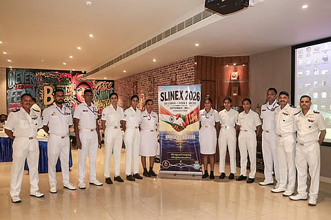 In this image received on Sept. 20, 2026, Naval officials during the 13th edition of the Sri Lanka-India bilateral maritime exercise, SLINEX-26, at Visakhapatnam.