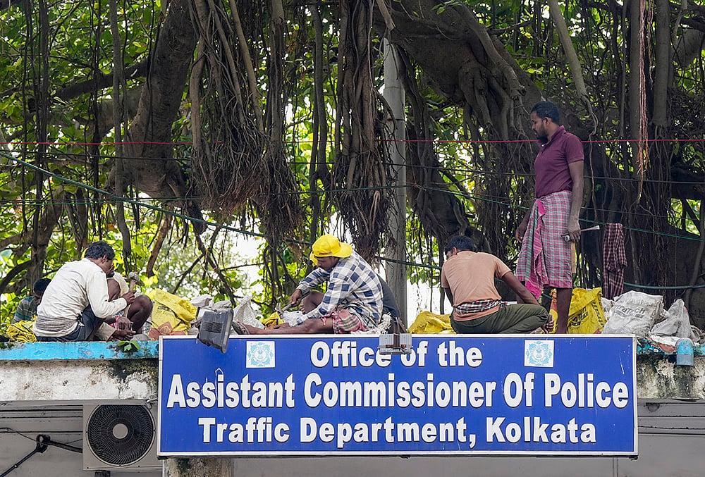 Workers perform renovation work