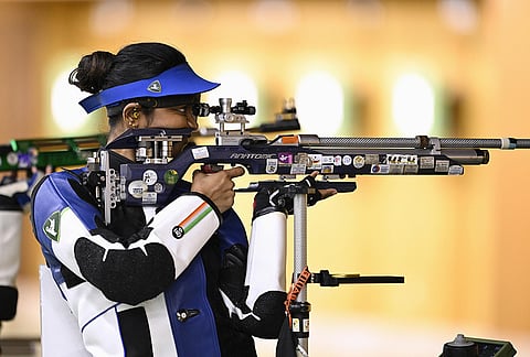 Elavenil Valarivan of India competes in the qualification of the women's 10 meter air rifle individual event in shooting, in Toyota, Aichi prefecture, Sunday, Sept. 20, 2026. 