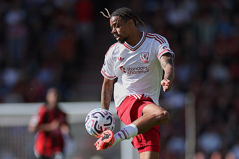 Liverpool's Bradley Barcola controls the ball during the English Premier League soccer match between Bournemouth and Liverpool in Bournemouth, England.