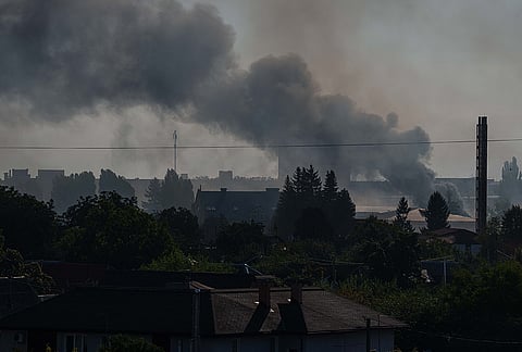 Smoke rises from an industrial facility after a recent Russian drone strike on Boiarka, Ukraine, Sunday, Sept. 20, 2026. 