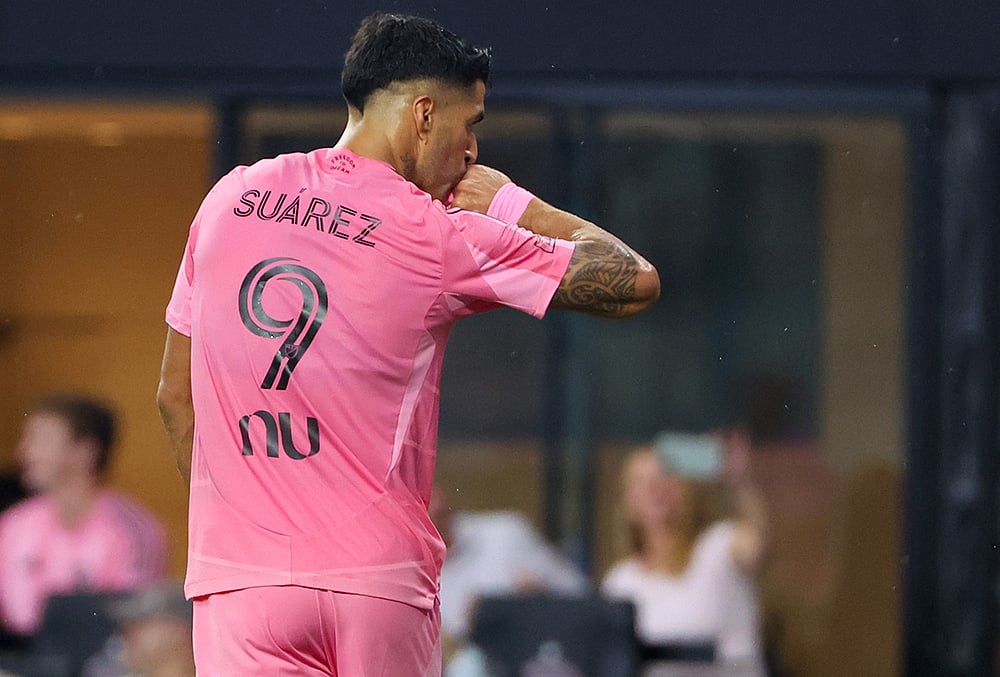 Inter Miami forward Luis Suárez (9) reacts after scoring during the first half of an MLS soccer game against San Diego FC, Sunday, Sept. 20, 2026, in Miami.  - | Photo: AP/David Santiago