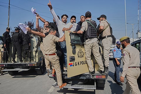 Police detain supporters of the Jammu Kashmir Apni Party during a protest demanding jobs, opposing a power tariff hike and pressing other demands in Srinagar, Kashmir.
