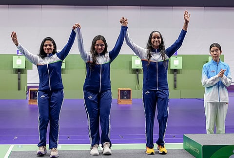 From left, India's Vidarsa Vinod, Sonam Maskar and Elavenil Valarivan pose for photographers after winning silver medals in the 10m Air Rifle Women Team Final event during the 20th Asian Games, in Nagoya, Japan, Sunday, Sept. 20, 2026.  
