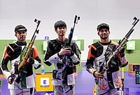 Asian Games 2026: Himanshu Dhillon Wins Silver And Rudrankksh Patil Takes Bronze In Thrilling 10m Air Rifle Final | Photo: PTI/Atul Yadav : China's Sheng Lihao, Gold medal, centre, India’s Himanshu Dhillon, Silver medal, left, and Rudrankksh Patil, Bronze medal pose for photographs after the 10 meter rifle men individual event in the ongoing 20th Asian Games 2026, in Nagoya, Japan, Monday, Sept. 21, 2026.