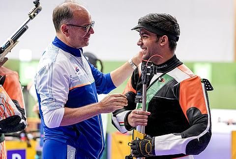 India’s Himanshu Dhillon celebrates as he wins Silver medal in the 10 meter rifle men individual event in the ongoing 20th Asian Games 2026, in Nagoya, Japan, Monday, Sept. 21, 2026.