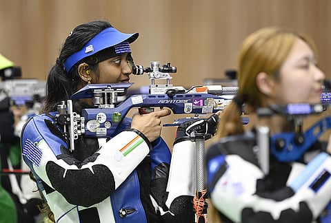 Elavenil Valarivan of India competes in the final of the women's 10 meter air rifle individual event in shooting, in Toyota, Aichi prefecture, Sunday, Sept. 20, 2026.
