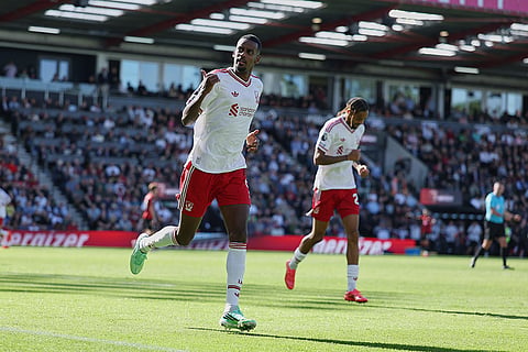 Liverpool's Alexander Isak, celebrates after scoring his side opening goal during the English Premier League soccer match between Bournemouth and Liverpool in Bournemouth, England.
