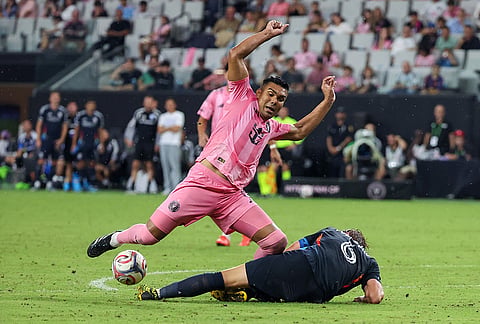 San Diego FC midfielder Jeppe Tverskov (6) defends against Inter Miami midfielder Carlos Casimiro (5) during the second half of an MLS soccer game, Sunday, Sept. 20, 2026, in Miami.  