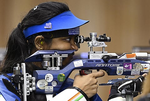 Elavenil Valarivan of India competes in the final of the women's 10 meter air rifle individual event in shooting, in Toyota, Aichi prefecture, Sunday, Sept. 20, 2026. 