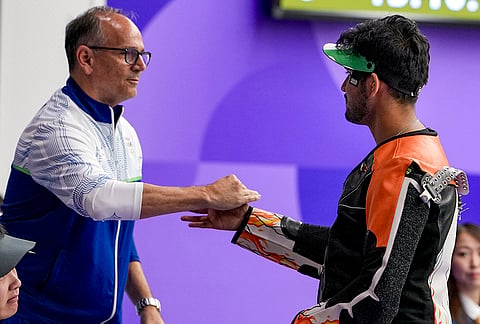 India’s Rudrankksh Patil celebrates after winning bronze medal in the 10 meter rifle men individual event in the ongoing 20th Asian Games 2026, in Nagoya, Japan, Monday, Sept. 21, 2026. 
