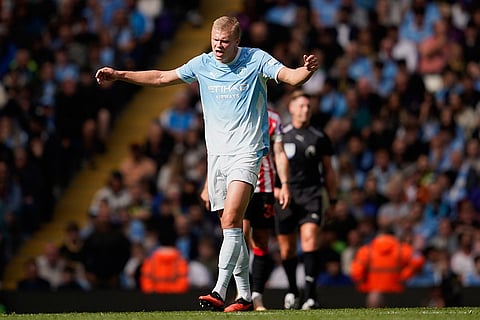Manchester City's Erling Haaland reacts during the English Premier League soccer match between Manchester City and Sunderland in Manchester, England.