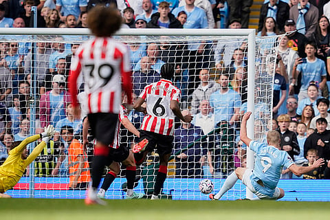 Manchester City's Erling Haaland scores fifth goal during the English Premier League soccer match between Manchester City and Sunderland in Manchester, England.