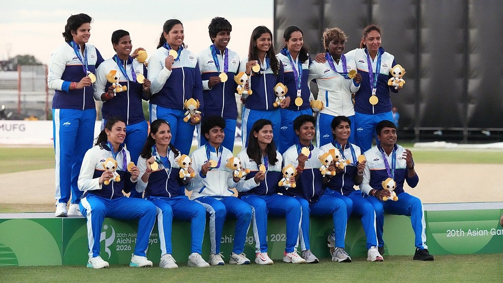Gold Medalist team India pose on the podium after the women's gold medal T20 cricket game between India and Sri Lanka at the Asian Games in Nisshin, Japan, Tuesday, Sept. 22, 2026.  - | (AP Photo/Mark Baker)