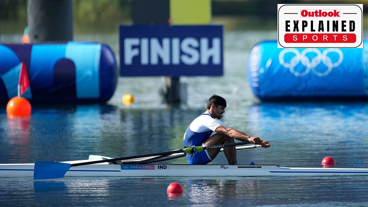 Balraj Panwar, of India, competes in the men's single scull rowing repechage at the 2024 Summer Olympics, Sunday, July 28, 2024, in Vaires-sur-Marne, France. -  (AP Photo/Ebrahim Noroozi)