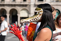 In Photos: PETA Protest Against Use Of Wild Animal Skins In Italy | Photo: AP/Luca Bruno : A PETA (People for the Ethical Treatment of Animals) activist stages a protest urging fashion brands to eliminate wild animal skins, in front of the Duomo gothic cathedral in Milan, Italy, Tuesday, Sept. 22, 2026.