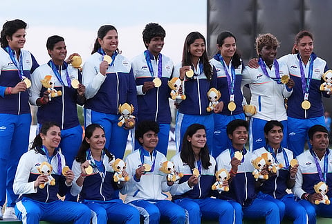 Gold Medalist team India pose on the podium after the women's gold medal T20 cricket game between India and Sri Lanka at the Asian Games in Nisshin, Japan, Tuesday, Sept. 22, 2026. 