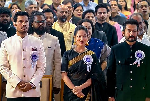 Actors Randeep Hooda, Yami Gautam Dhar and others during the 72nd National Film Awards, at Kevadia, in Narmada district, Gujarat. 

