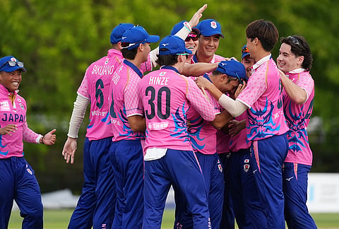 Japanese players celebrate an Indian wicket during the Suzuki Cup T20 cricket match in Sano, Japan, Tuesday, Sept. 22, 2026, marking 75 years of diplomatic relations between the two countries. 