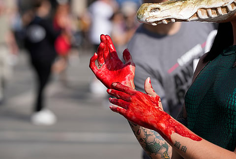 A PETA (People for the Ethical Treatment of Animals) activist stage a protest urging fashion brands to eliminate wild animal skins, in front of the Duomo gothic cathedral in Milan, Italy, Tuesday, Sept. 22, 2026. 