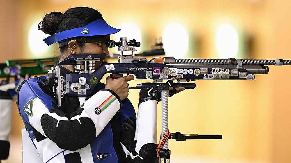 Elavenil Valarivan of India competes in the qualification of the women's 10 meter air rifle individual event in shooting, in Toyota, Aichi prefecture, Sunday, Sept. 20, 2026.  - | Photo: Kasumi Fukudome/Kyodo News via AP