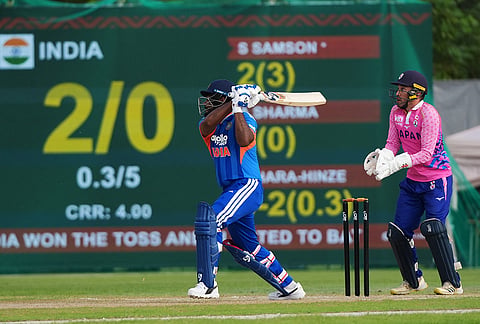 India's Sanju Samson, left, bats against Japan during the Suzuki Cup T20 cricket match in Sano, Japan, Tuesday, Sept. 22, 2026, marking 75 years of diplomatic relations between the two countries.