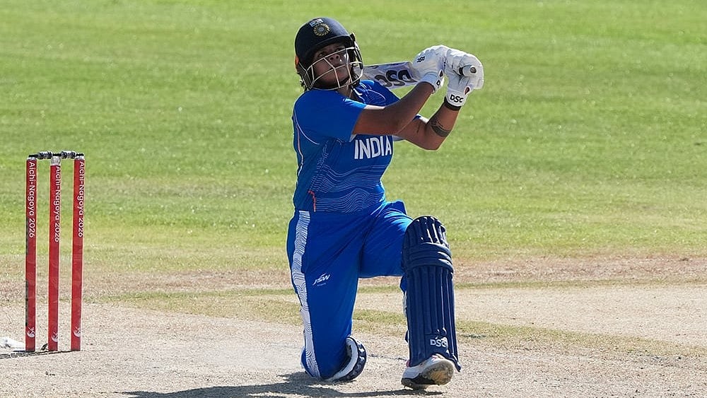 India's Shafali Verma watches as the ball go for a six during the women's gold medal T20 cricket game between India and Sri Lanka at the Asian Games in Nisshin, Japan, Tuesday, Sept. 22, 2026.  - | Photo: AP/Mark Baker