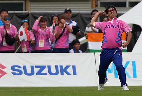 Japan's Makoto Taniyama fields the ball against India during the Suzuki Cup T20 cricket match in Sano, Japan, Tuesday, Sept. 22, 2026, marking 75 years of diplomatic relations between the two countries. 